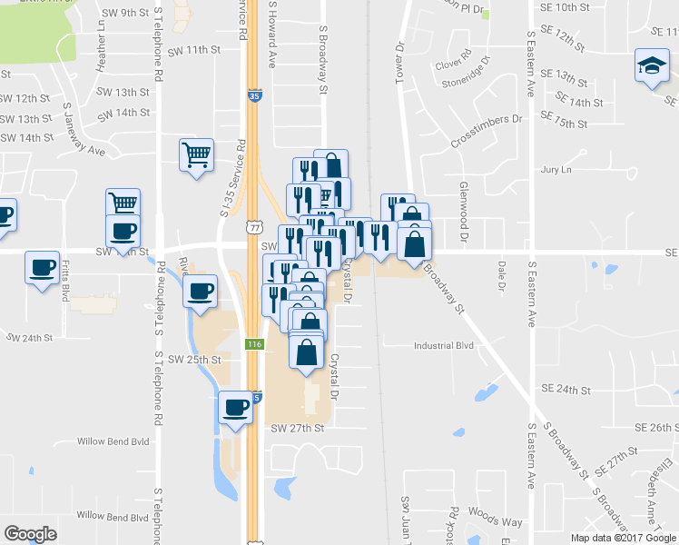 map of restaurants, bars, coffee shops, grocery stores, and more near 2001 Crystal Drive in Moore