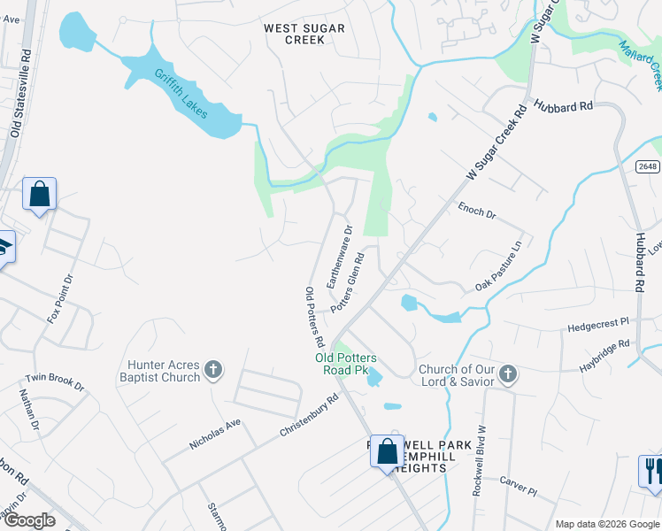 map of restaurants, bars, coffee shops, grocery stores, and more near 4705 Potters Glen Road in Charlotte