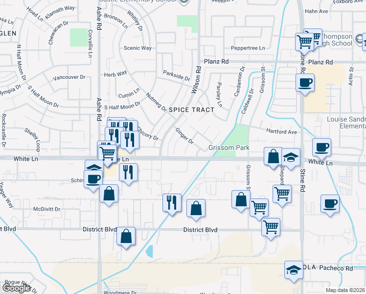 map of restaurants, bars, coffee shops, grocery stores, and more near 3909 Saffron Court in Bakersfield