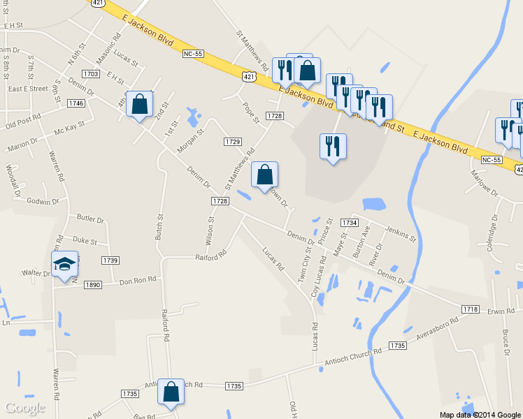 map of restaurants, bars, coffee shops, grocery stores, and more near 2606 Erwin Road in Dunn