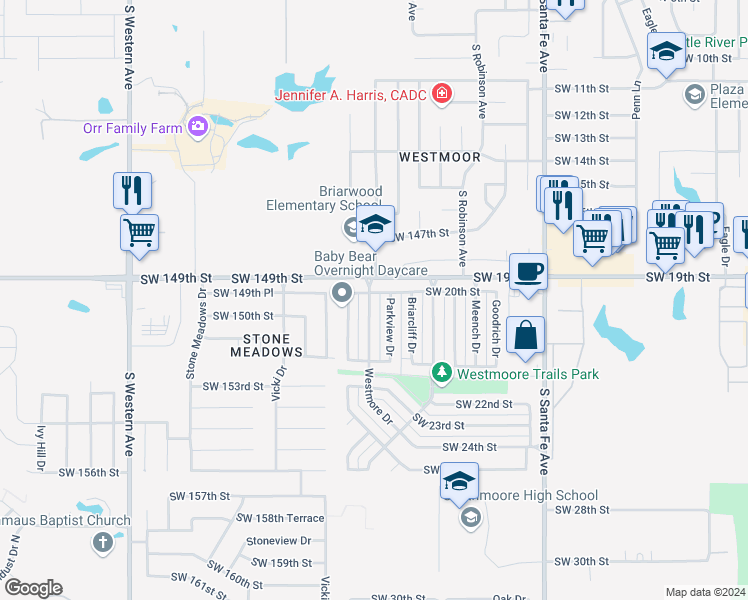 map of restaurants, bars, coffee shops, grocery stores, and more near 2102 Westmore Drive in Oklahoma City