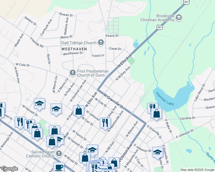 map of restaurants, bars, coffee shops, grocery stores, and more near 502 West Barrington Street in Dunn