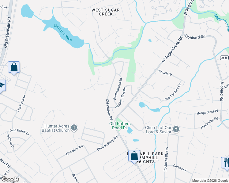 map of restaurants, bars, coffee shops, grocery stores, and more near 4705 Potters Glen Road in Charlotte