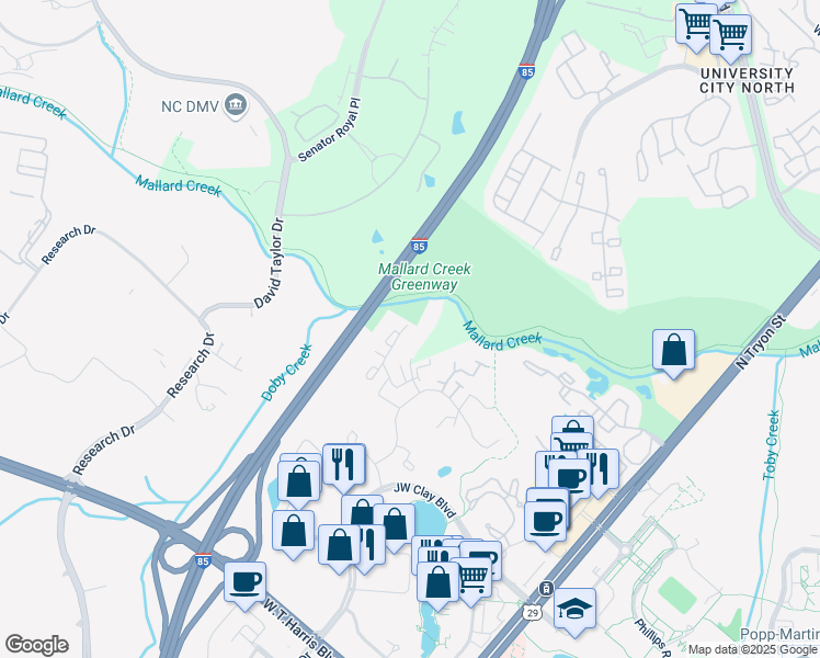 map of restaurants, bars, coffee shops, grocery stores, and more near 9217 Glenwater Dr in Charlotte