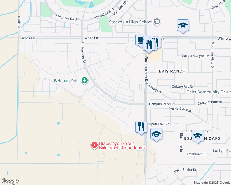 map of restaurants, bars, coffee shops, grocery stores, and more near 11620 Hollybrook Lane in Bakersfield