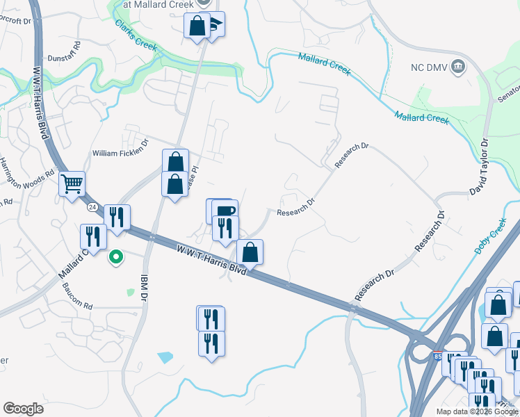 map of restaurants, bars, coffee shops, grocery stores, and more near 9821 Research Drive in Charlotte