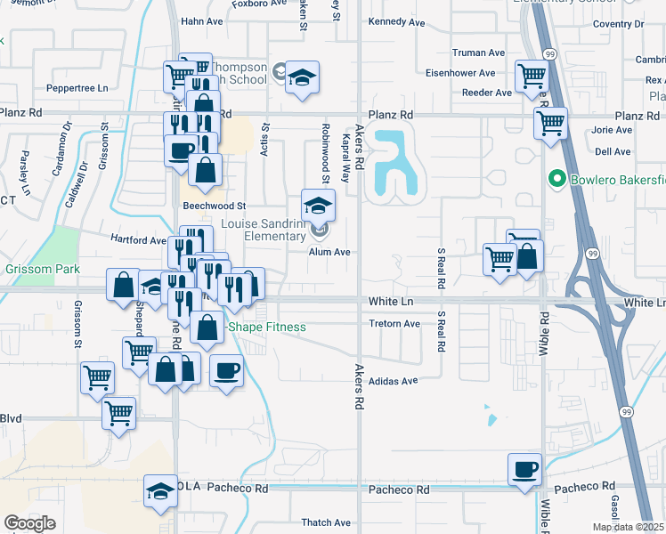map of restaurants, bars, coffee shops, grocery stores, and more near 3908 Ivywood Court in Bakersfield