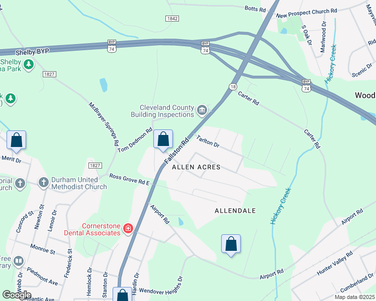 map of restaurants, bars, coffee shops, grocery stores, and more near 1308 Fallston Road in Shelby