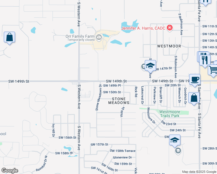 map of restaurants, bars, coffee shops, grocery stores, and more near 704 Southwest 149th Place in Oklahoma City