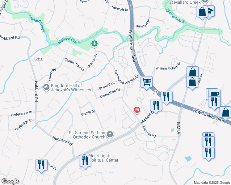 map of restaurants, bars, coffee shops, grocery stores, and more near 2437 Carmathen Road in Charlotte