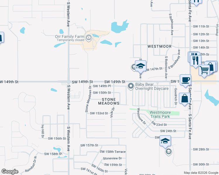 map of restaurants, bars, coffee shops, grocery stores, and more near 608 Southwest 149th Place in Oklahoma City
