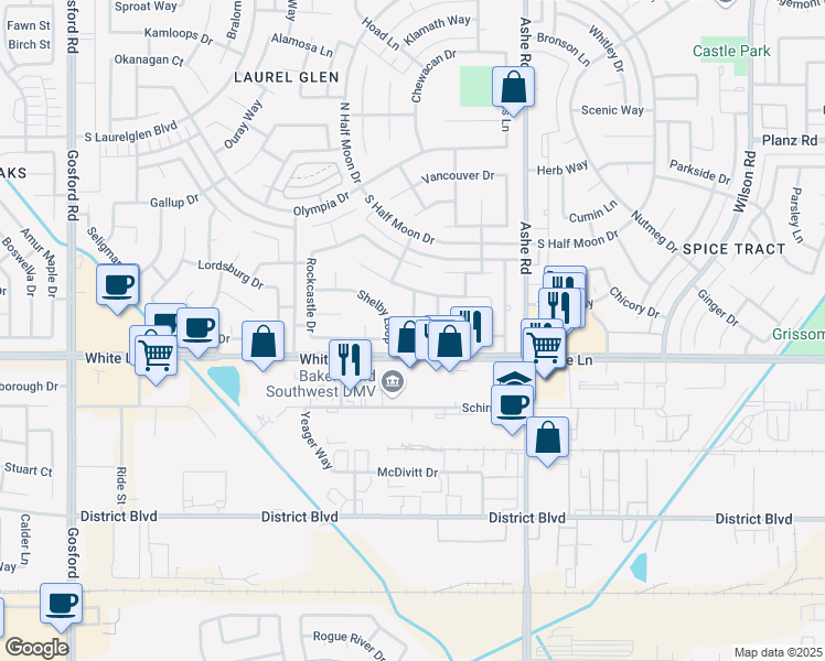 map of restaurants, bars, coffee shops, grocery stores, and more near 6705 Orleans Way in Bakersfield