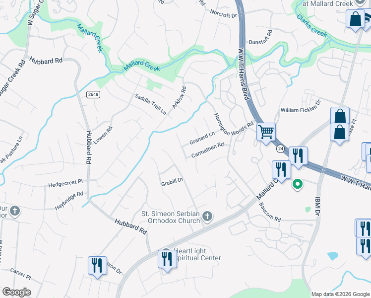 map of restaurants, bars, coffee shops, grocery stores, and more near 3202 Granard Lane in Charlotte