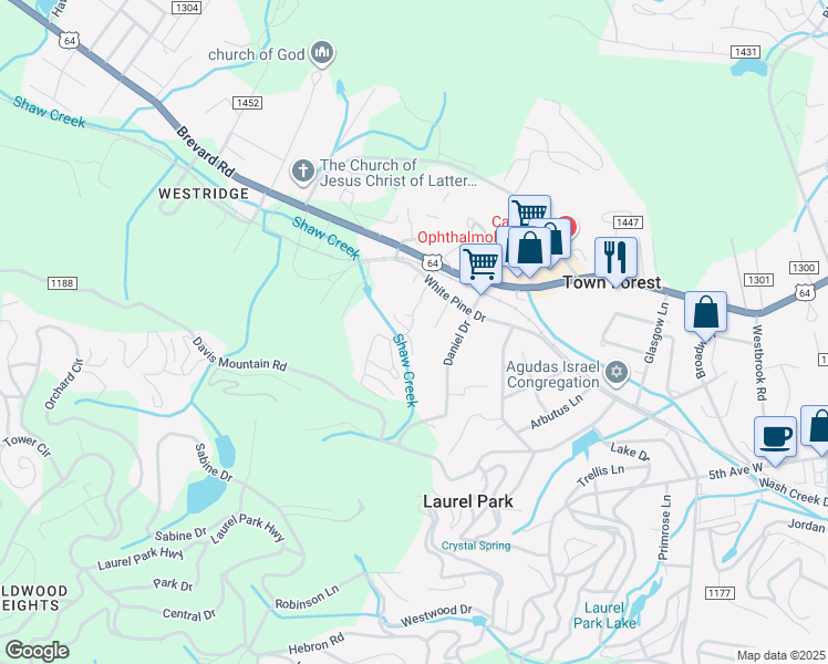 map of restaurants, bars, coffee shops, grocery stores, and more near 105 Shaws Creek Farm Road in Laurel Park