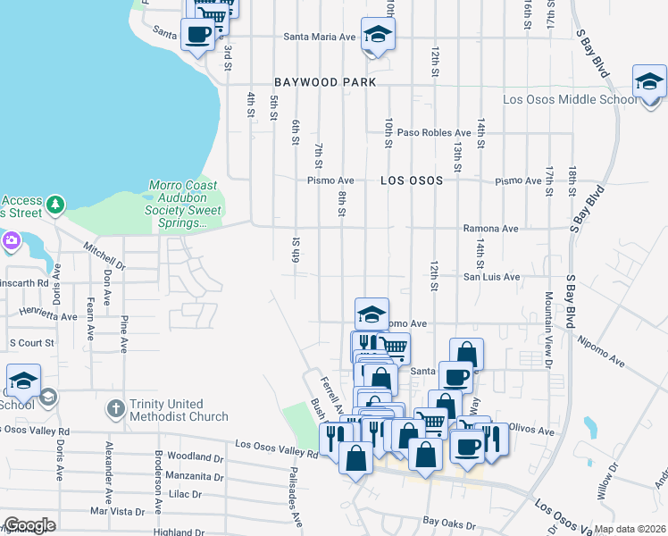 map of restaurants, bars, coffee shops, grocery stores, and more near 1798 8th Street in Baywood-Los Osos