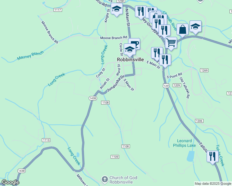map of restaurants, bars, coffee shops, grocery stores, and more near 197 Juanluska Drive in Robbinsville