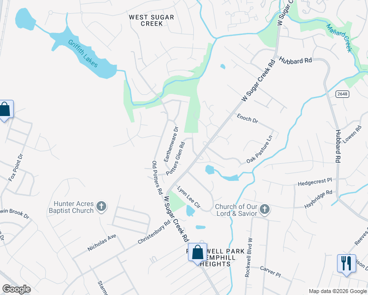 map of restaurants, bars, coffee shops, grocery stores, and more near 4712 Potters Glen Road in Charlotte