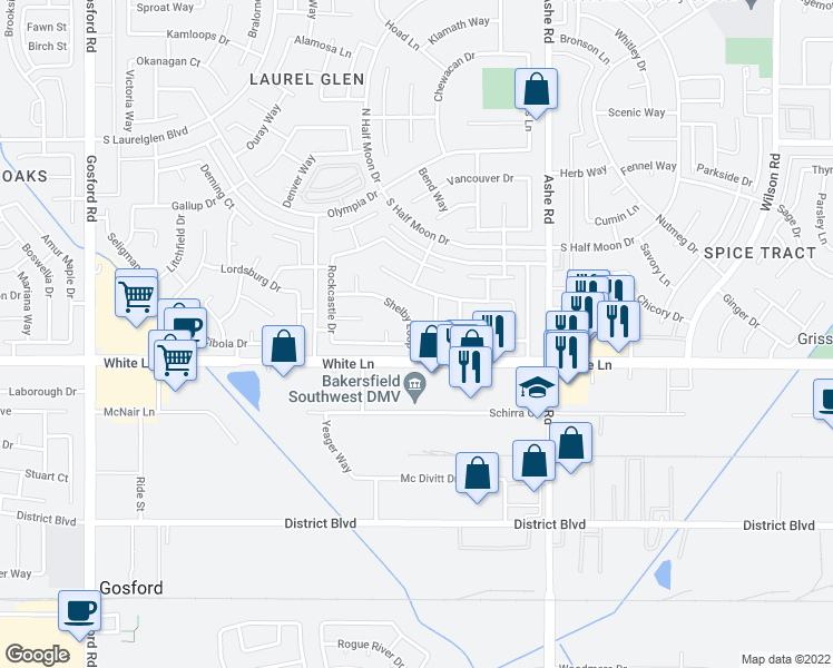 map of restaurants, bars, coffee shops, grocery stores, and more near 6717 Orleans Way in Bakersfield