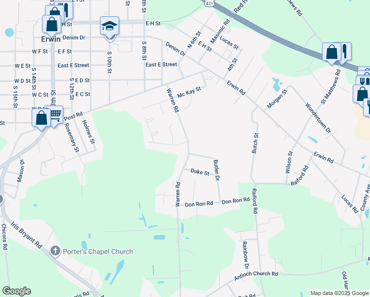 map of restaurants, bars, coffee shops, grocery stores, and more near 803 Warren Road in Erwin