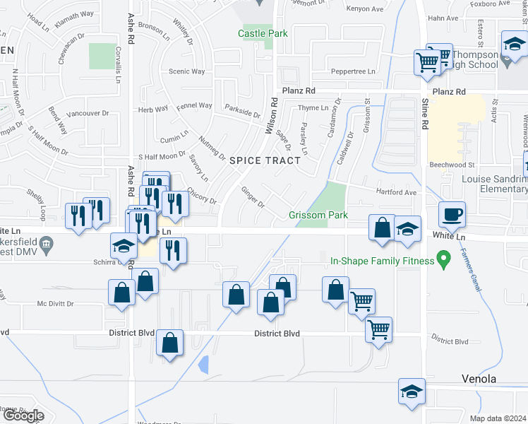 map of restaurants, bars, coffee shops, grocery stores, and more near 3900 Saffron Court in Bakersfield
