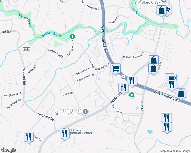 map of restaurants, bars, coffee shops, grocery stores, and more near 7812 Harris Hill Lane in Charlotte