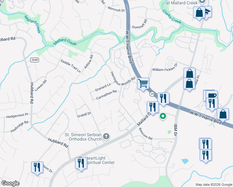 map of restaurants, bars, coffee shops, grocery stores, and more near 2437 Carmathen Road in Charlotte