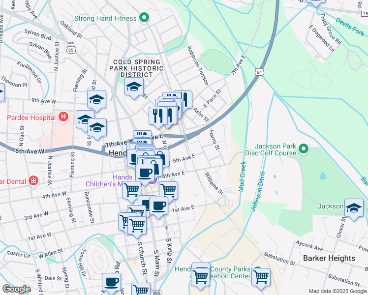 map of restaurants, bars, coffee shops, grocery stores, and more near 519 Maple Street in Hendersonville