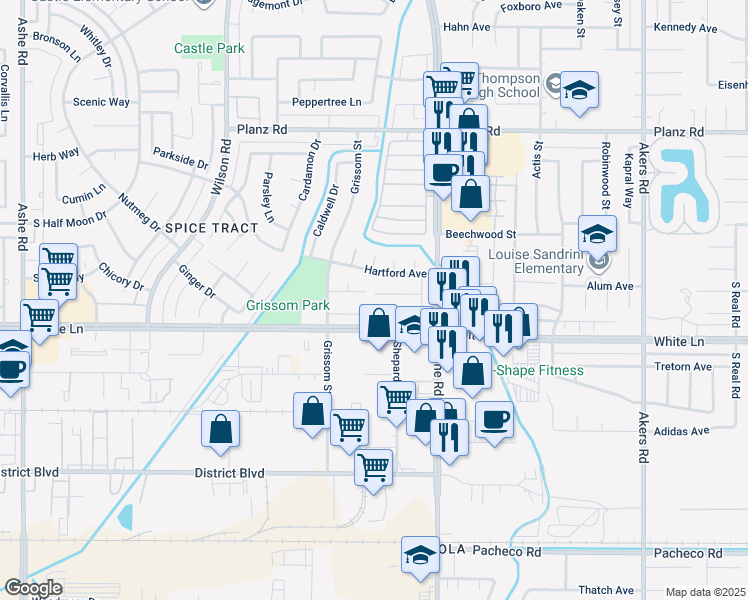 map of restaurants, bars, coffee shops, grocery stores, and more near 5021 Evanston Court in Bakersfield