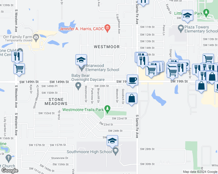 map of restaurants, bars, coffee shops, grocery stores, and more near 2101 South Robinson Avenue in Moore