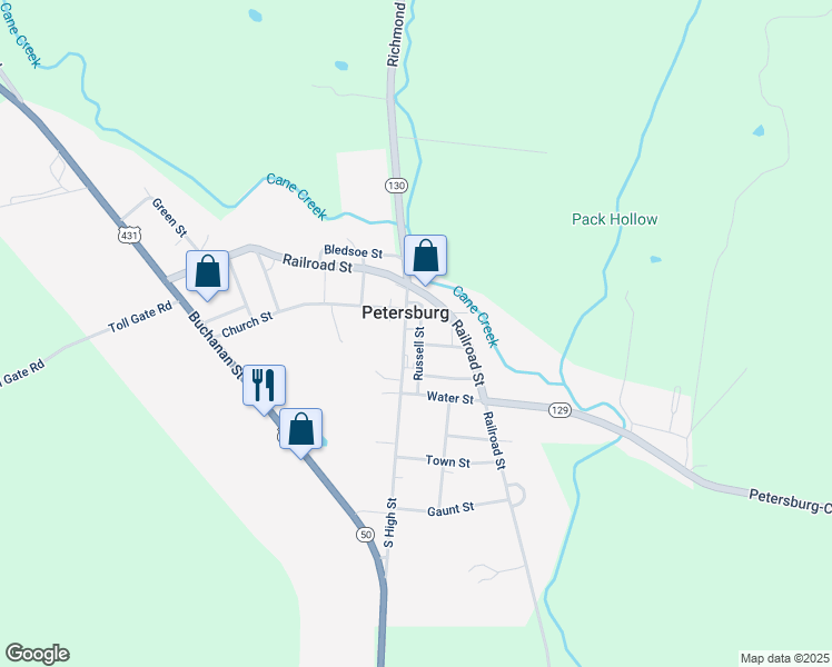 map of restaurants, bars, coffee shops, grocery stores, and more near 203 Russell Street in Petersburg