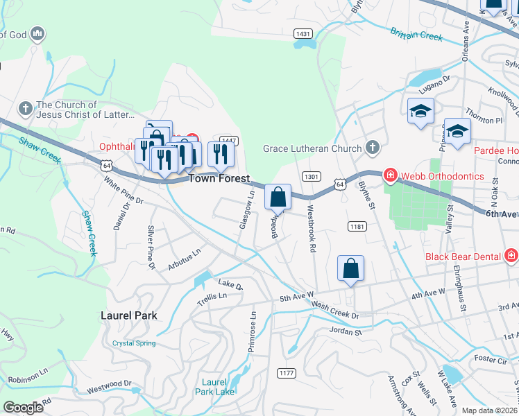 map of restaurants, bars, coffee shops, grocery stores, and more near 532 Glasgow Lane in Hendersonville