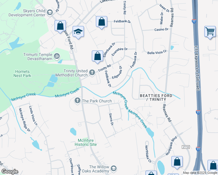 map of restaurants, bars, coffee shops, grocery stores, and more near 9112 Feldbank Drive in Charlotte