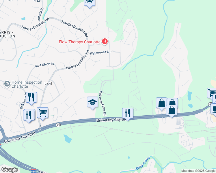 map of restaurants, bars, coffee shops, grocery stores, and more near 11721 Windy Creek Drive in Charlotte
