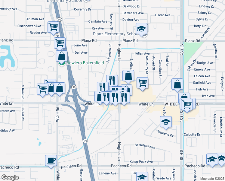 map of restaurants, bars, coffee shops, grocery stores, and more near 3905 Hughes Lane in Bakersfield