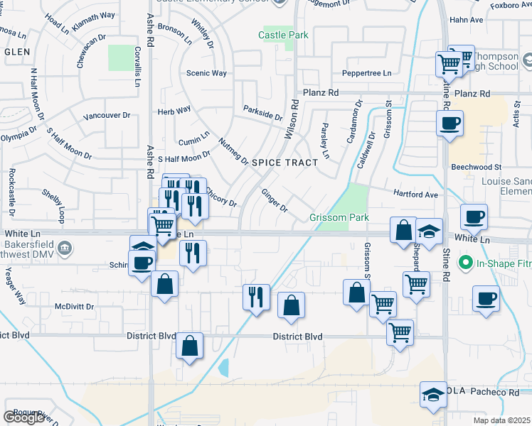map of restaurants, bars, coffee shops, grocery stores, and more near 3909 Saffron Court in Bakersfield