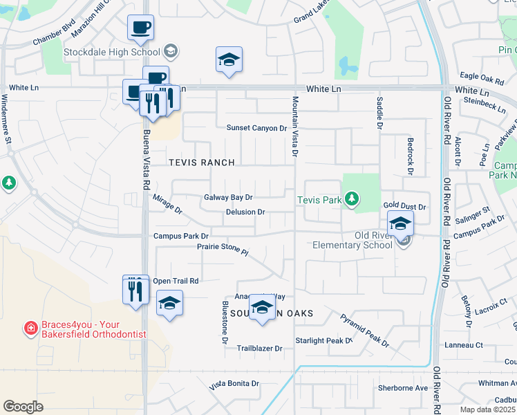 map of restaurants, bars, coffee shops, grocery stores, and more near 10616 Delusion Drive in Bakersfield