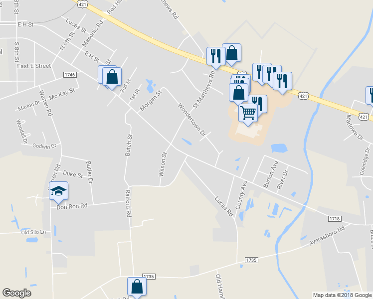 map of restaurants, bars, coffee shops, grocery stores, and more near 1606 Denim Drive in Erwin