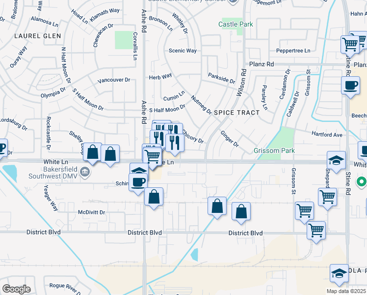 map of restaurants, bars, coffee shops, grocery stores, and more near 3820 Mei Yen Lane in Bakersfield