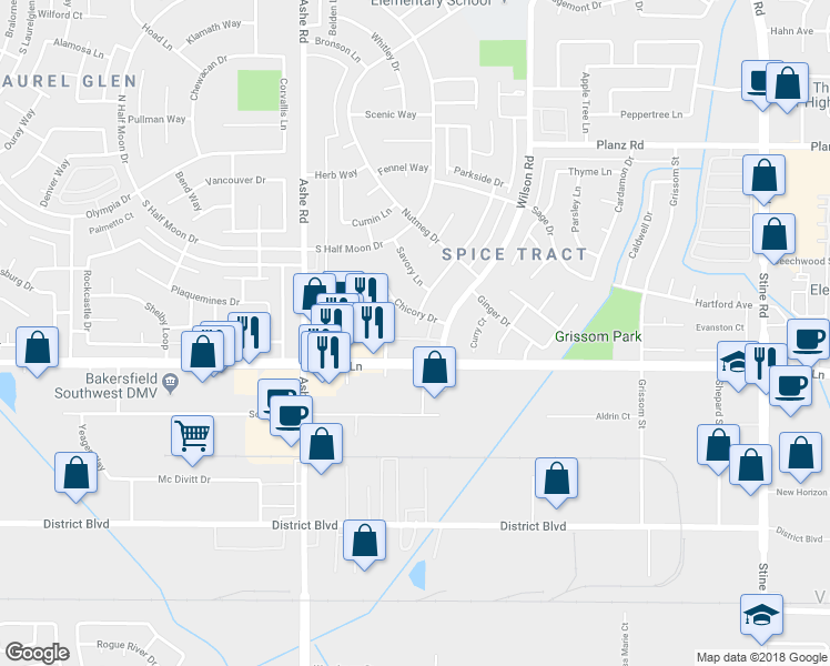 map of restaurants, bars, coffee shops, grocery stores, and more near 3808 Sesame Street in Bakersfield