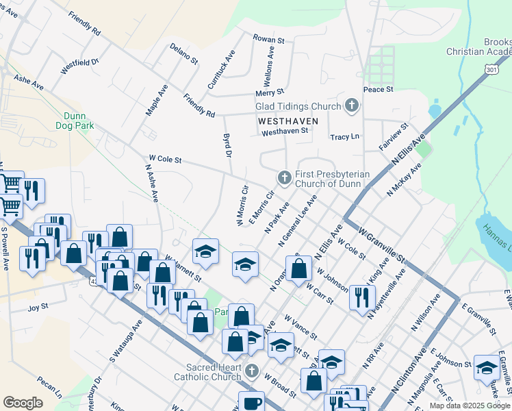map of restaurants, bars, coffee shops, grocery stores, and more near 711 East Morris Circle in Dunn