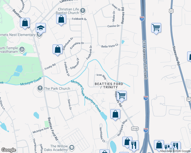 map of restaurants, bars, coffee shops, grocery stores, and more near 7437 Icon Way in Charlotte