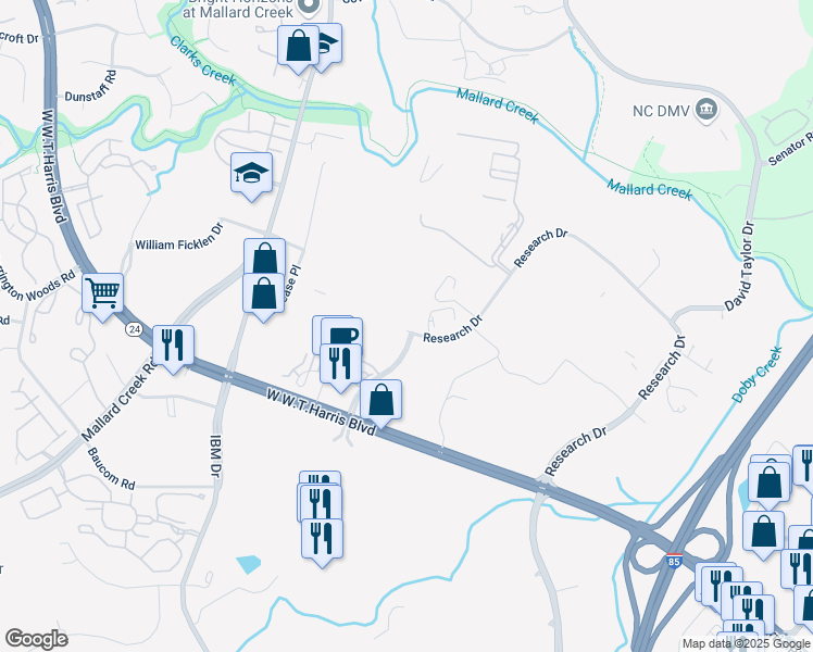 map of restaurants, bars, coffee shops, grocery stores, and more near 9821 Research Drive in Charlotte