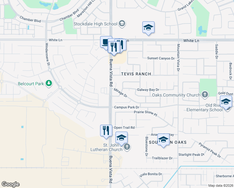 map of restaurants, bars, coffee shops, grocery stores, and more near 11204 Illusion Way in Bakersfield