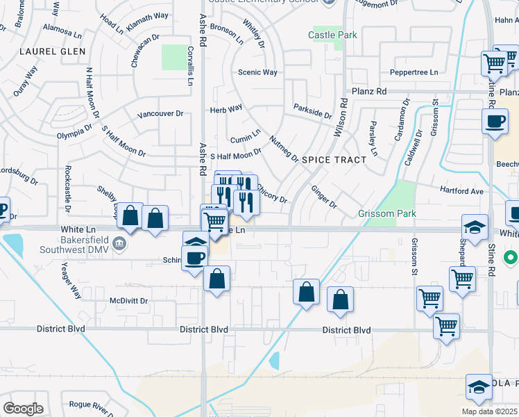 map of restaurants, bars, coffee shops, grocery stores, and more near 6300 White Lane in Bakersfield