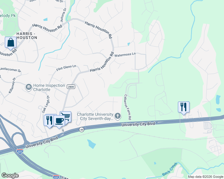 map of restaurants, bars, coffee shops, grocery stores, and more near 11534 Farm Village Court in Charlotte