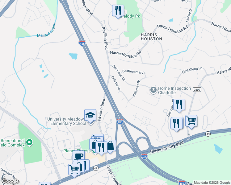map of restaurants, bars, coffee shops, grocery stores, and more near 1139 Morning Glory Drive in Charlotte