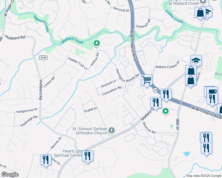 map of restaurants, bars, coffee shops, grocery stores, and more near 2516 Carmathen Road in Charlotte