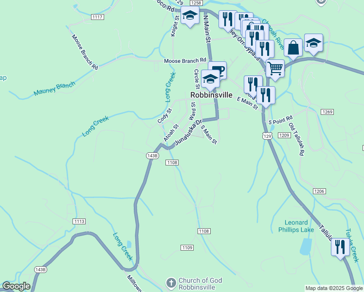 map of restaurants, bars, coffee shops, grocery stores, and more near 197 Junaluska Drive in Robbinsville