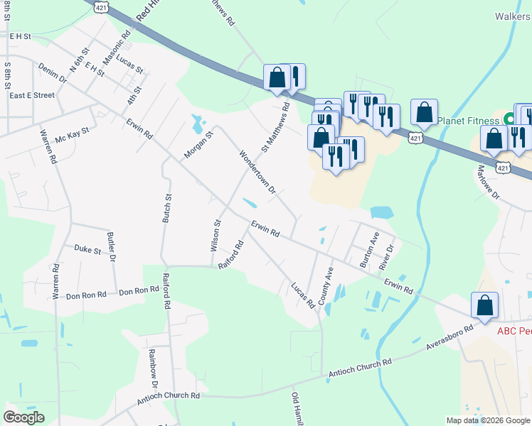 map of restaurants, bars, coffee shops, grocery stores, and more near 2606 Erwin Road in Dunn