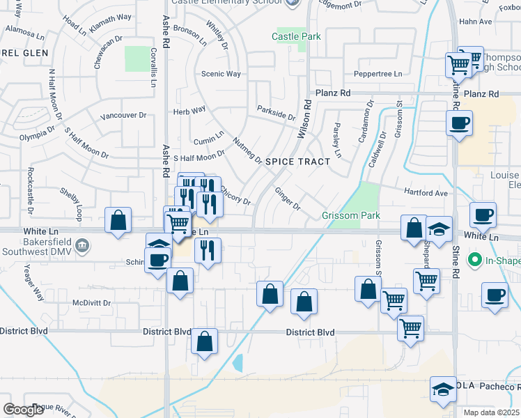 map of restaurants, bars, coffee shops, grocery stores, and more near 6800 Wilson Road in Bakersfield